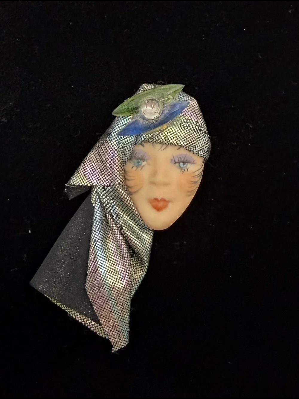 Vintage Artisan Porcelain Face Brooch with Iridescent Scarf - Green & Blue